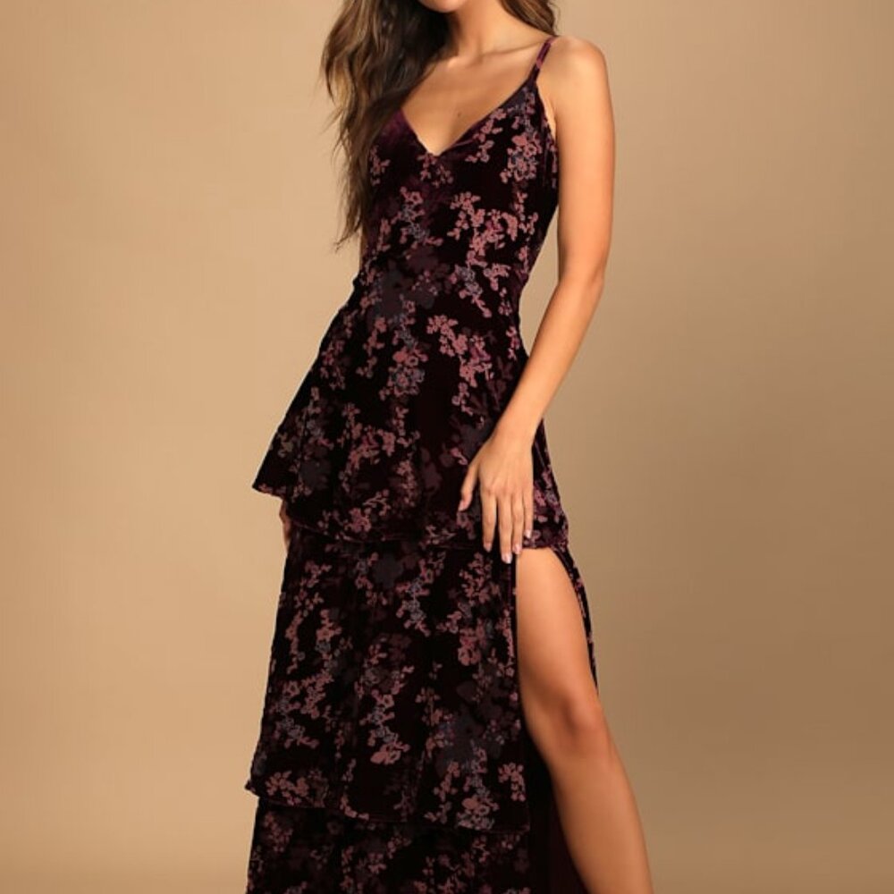 Lulus I Love You Amore Plum Purple Floral Velvet Tiered Maxi Dress - Size XXL